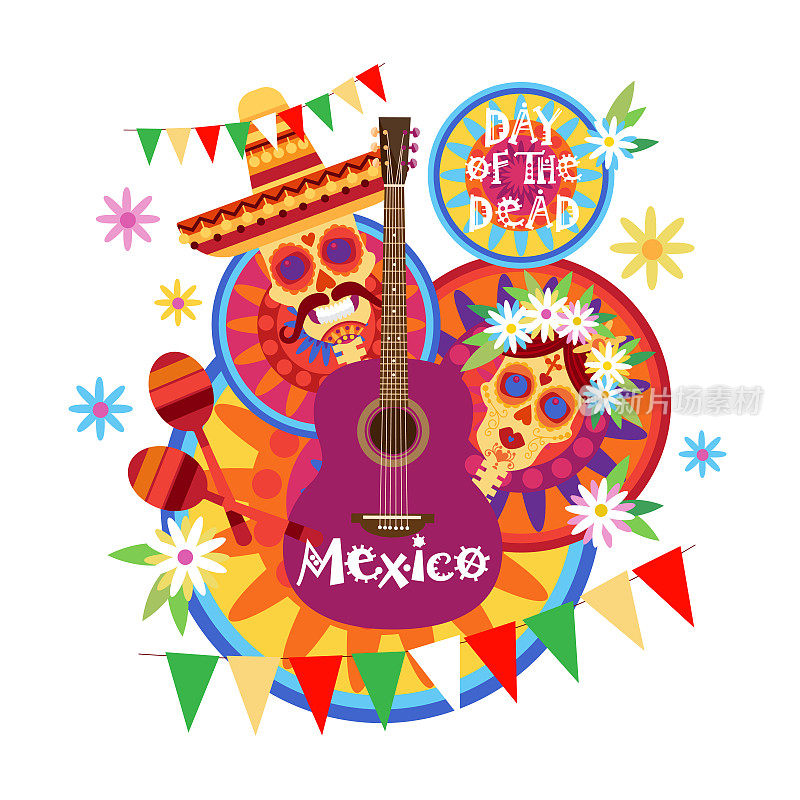 骷髅日的概念传统墨西哥万圣节Dia De Los Muertos节日派对装饰横幅邀请